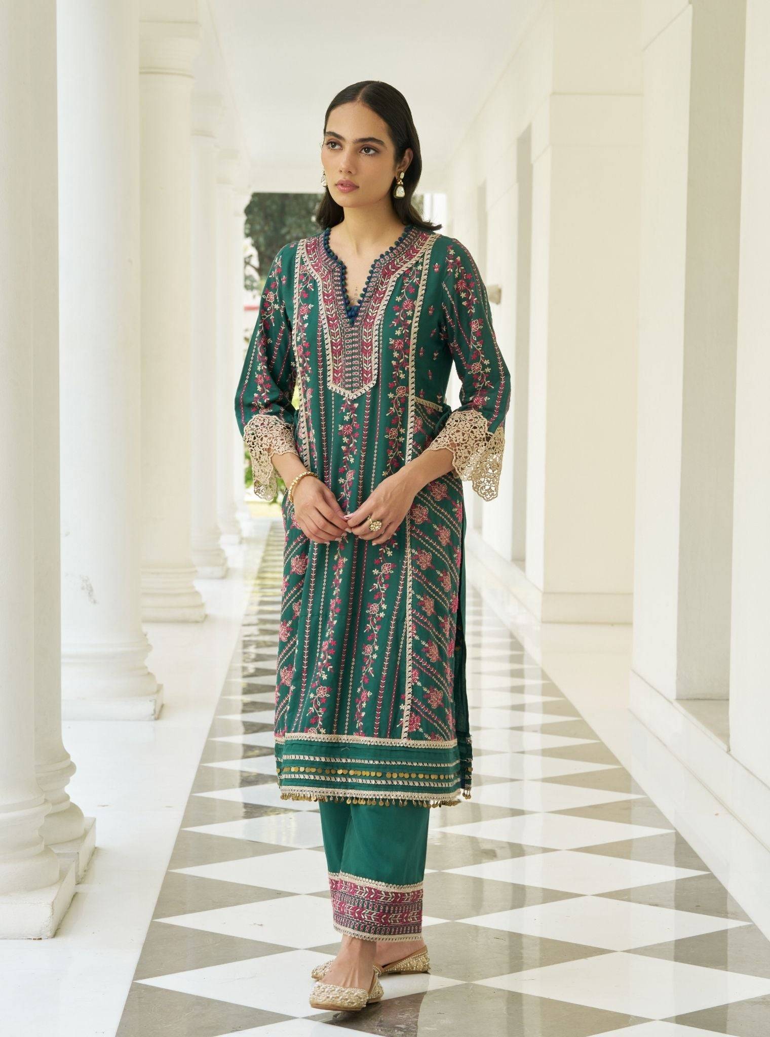 Khayal Pima Satin Bottle Green Kurta Set