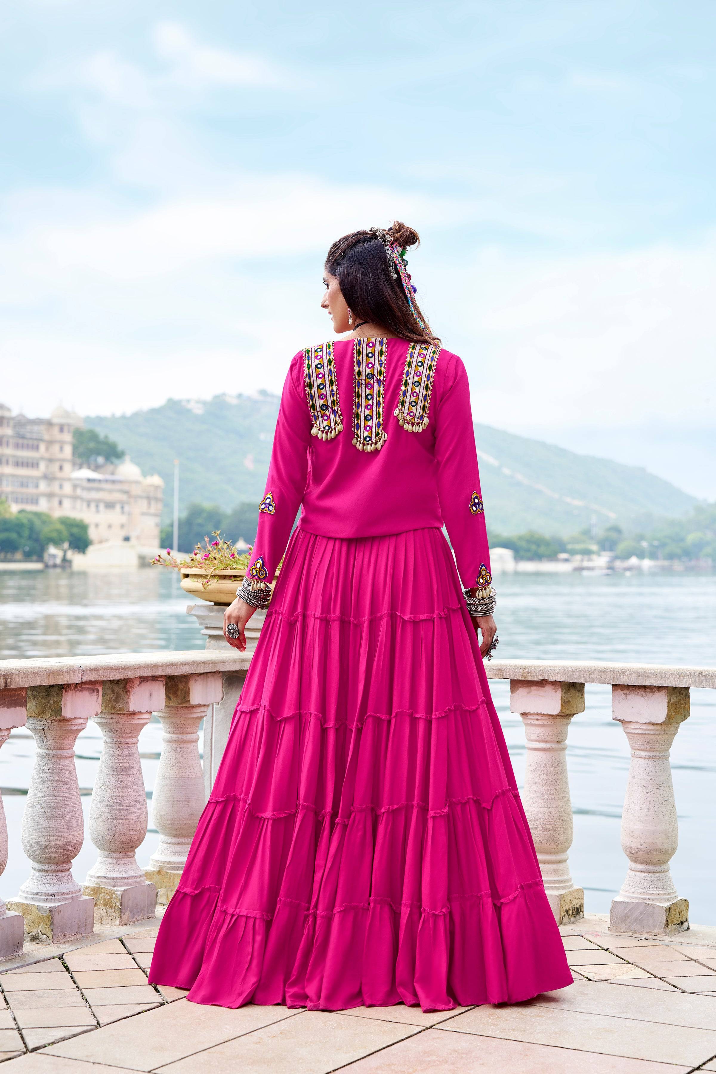 Pink Mirror Work Lehenga Choli with Koti for Women – Mayara Women Clothing