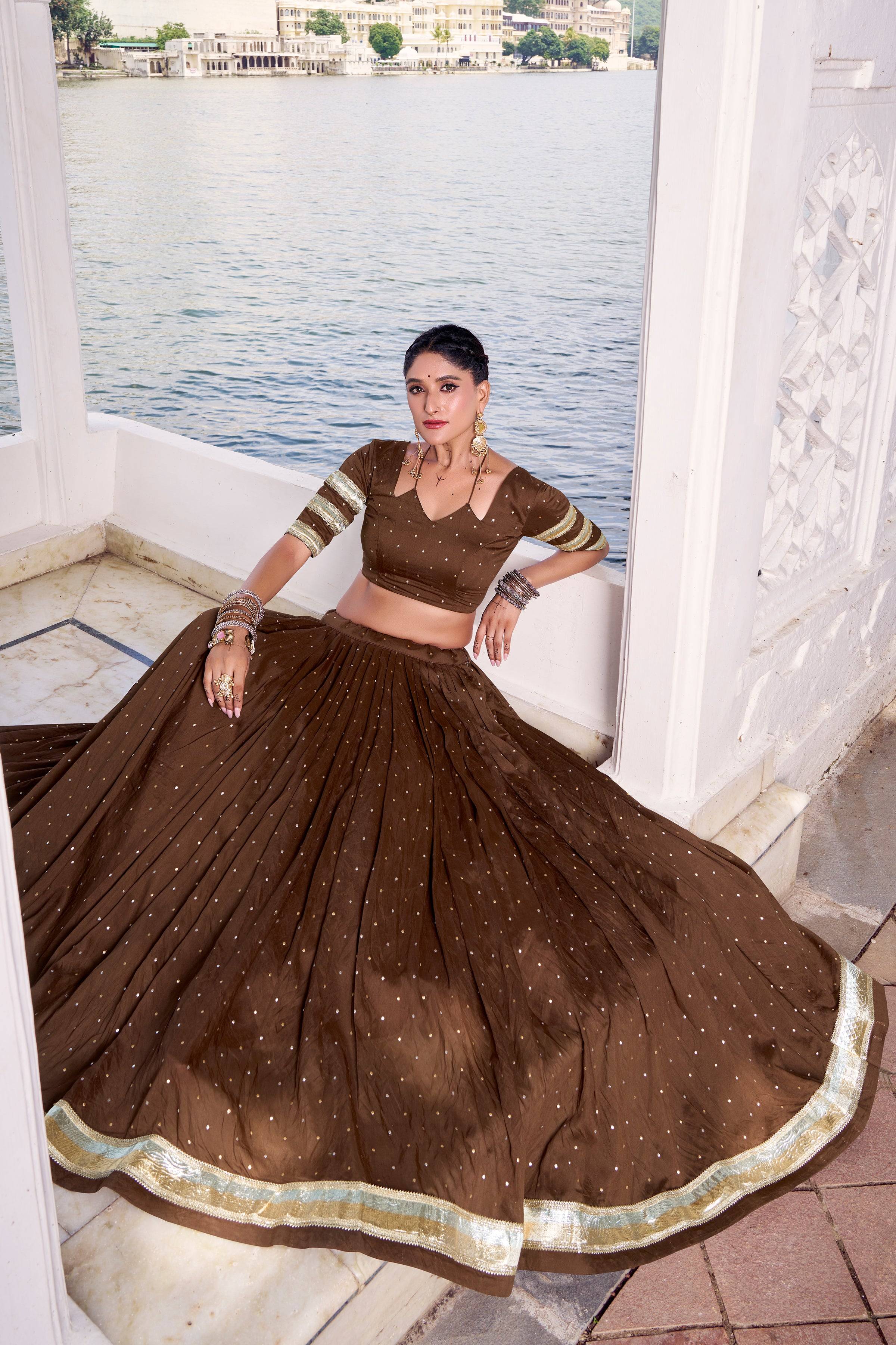 Brown Chanderi Navratri Lehenga Choli with Zari Weaving Work – Mayara Women Clothing