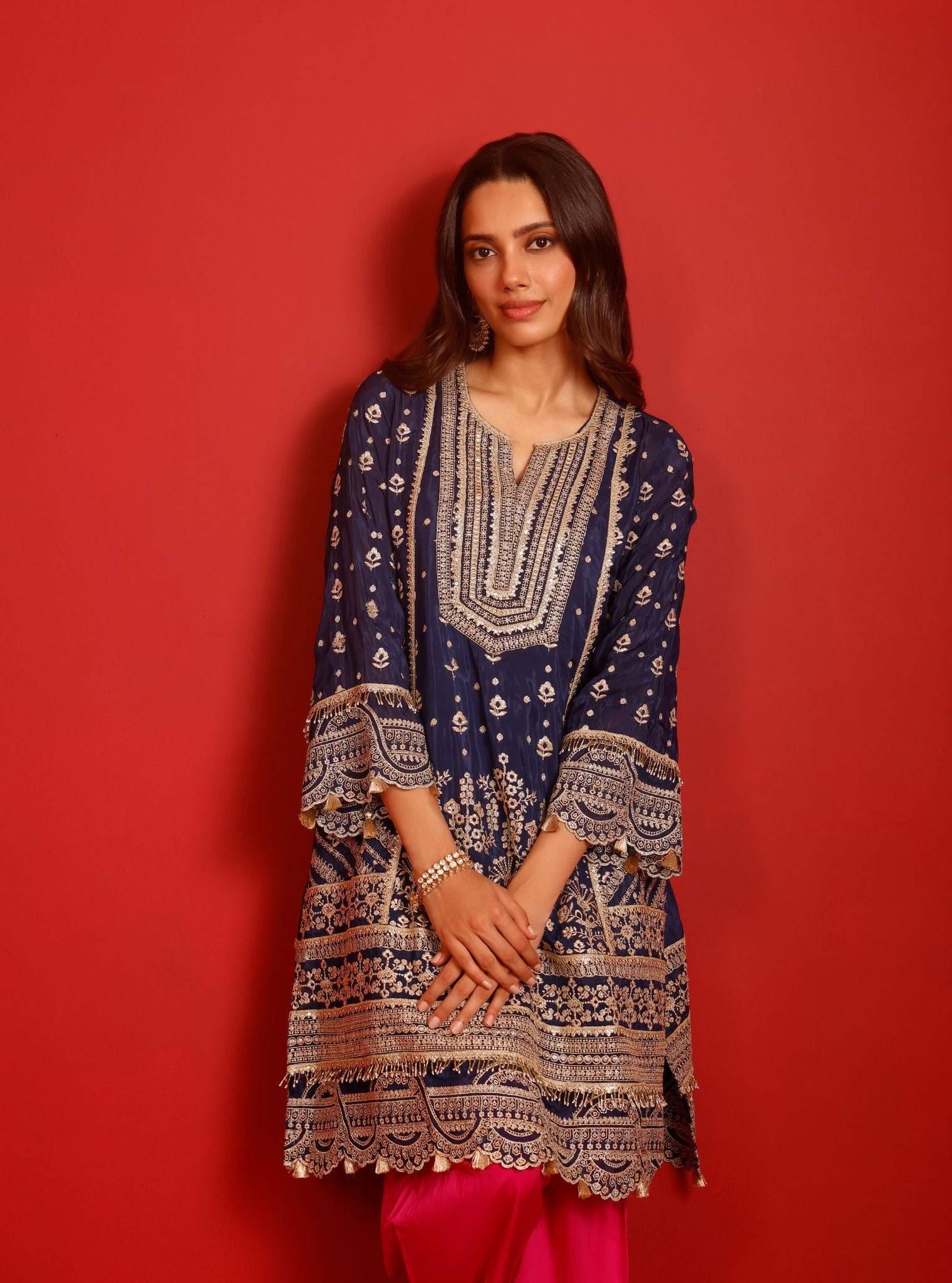 Leher Viscose Glass Organza Luxe Navy Kurta Set