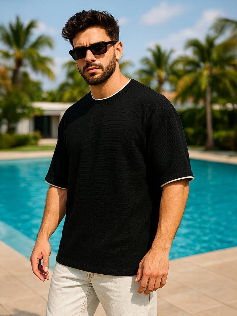 Black & Marshmallow Textured Plain Oversized Exclusive T-shirt