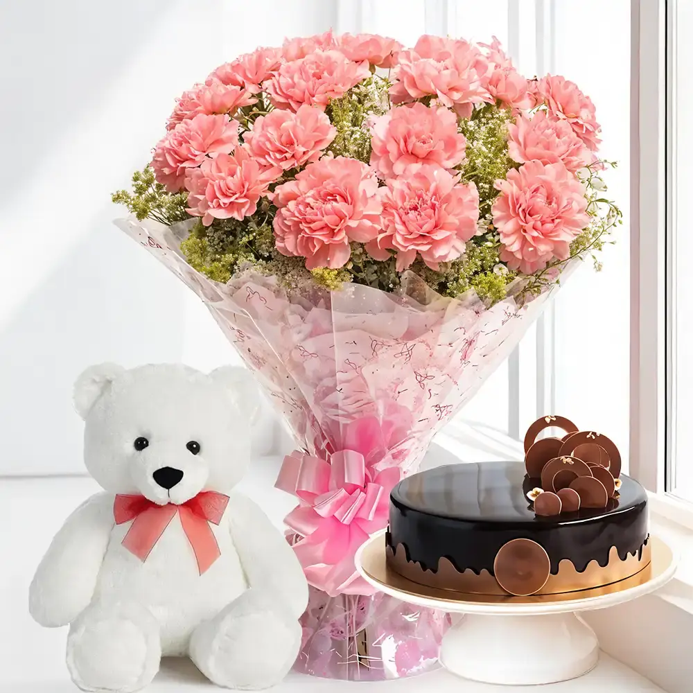Bouquet of Pink Carnations, Cake & Teddy