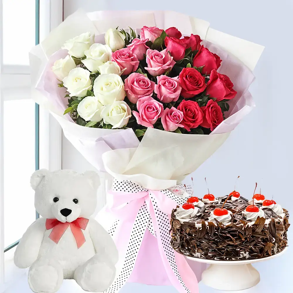 Roses Bouquet With Cake & Teddy Bear