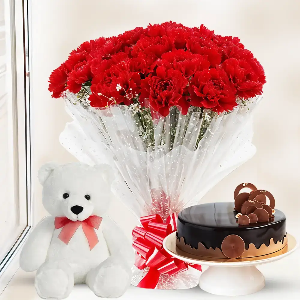 Carnation Bouquet With Cake & Teddy