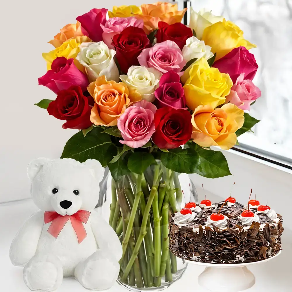 Rainbow Roses, Teddy & Cake Combo