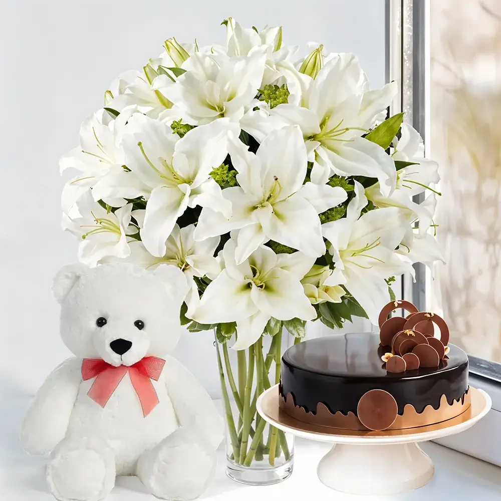 Glass vase of White Lilies, Cake & Teddy
