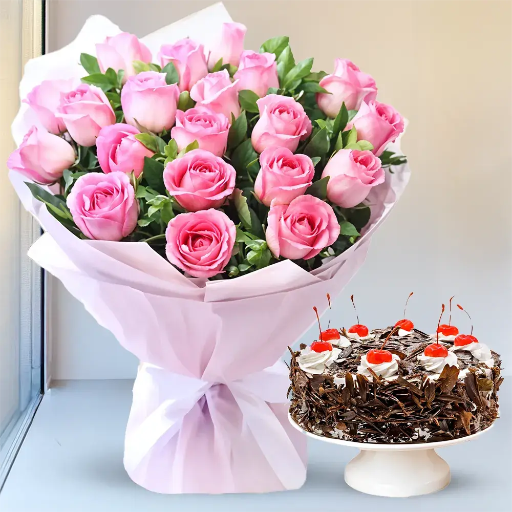 Pink Roses Bouquet With Cake