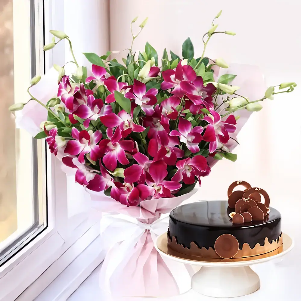 Orchids Bliss Bouquet With Cake