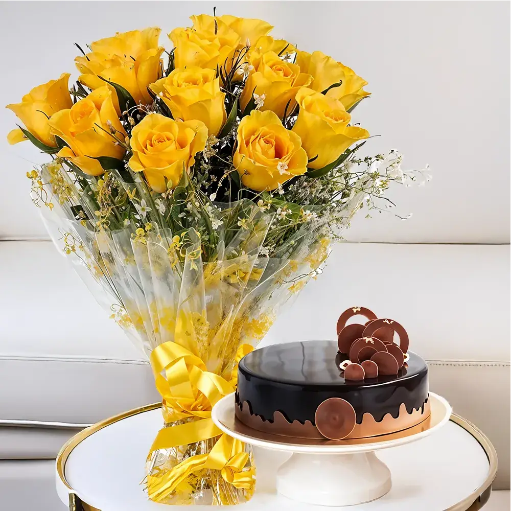 Radiant Yellow Roses Bouquet With Cake