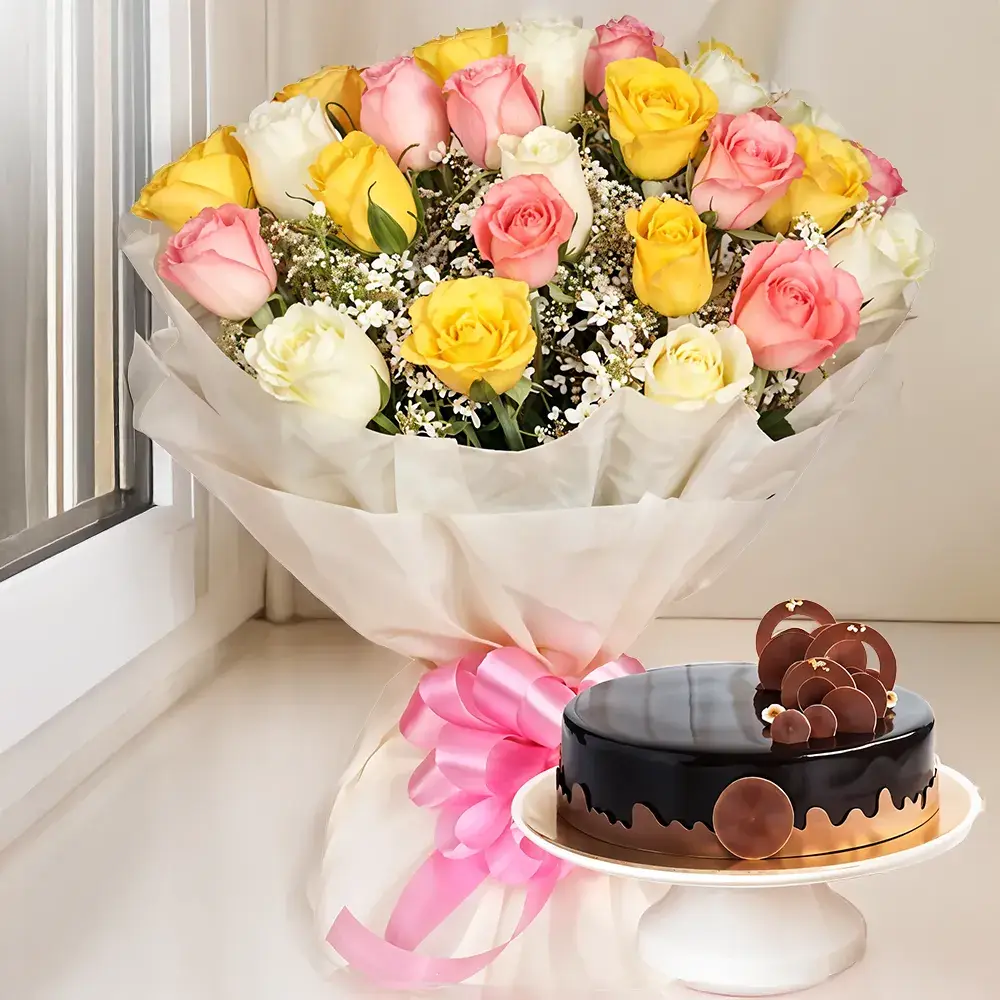 Mixed Roses Bouquet & Cake