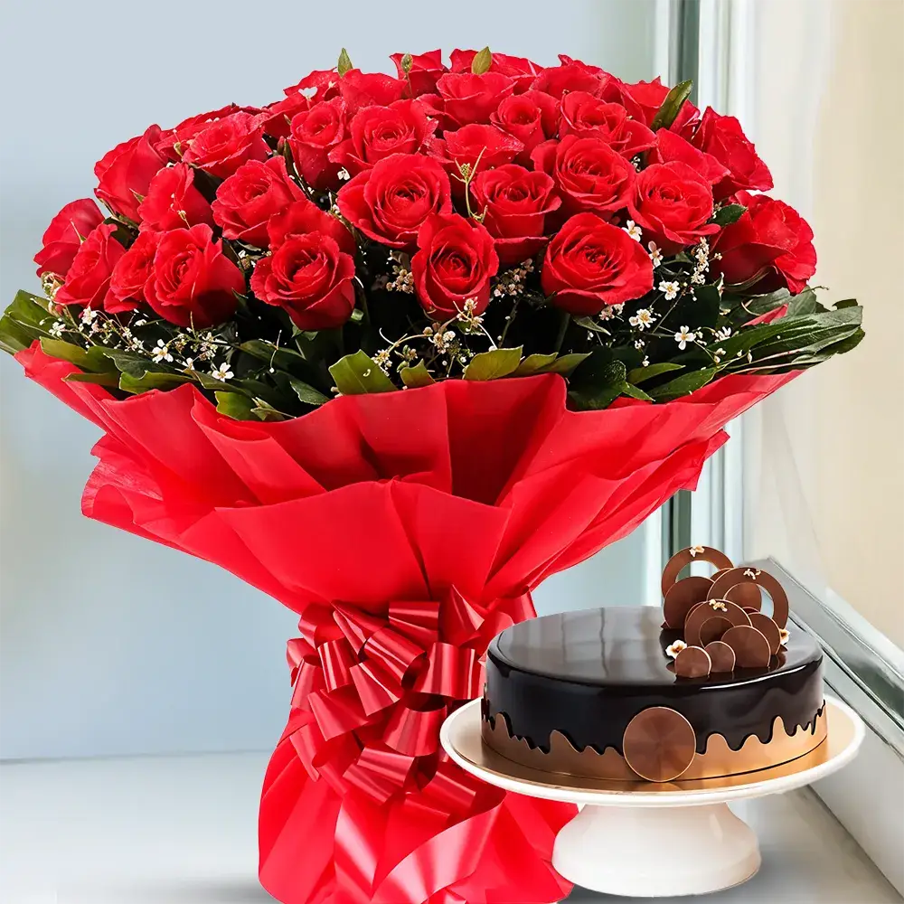 Bunch of Red Roses & Cake