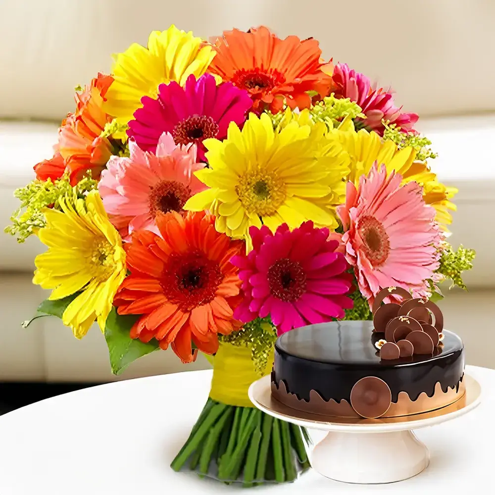 Vibrant Gerberas & Chocolate Cake Treat