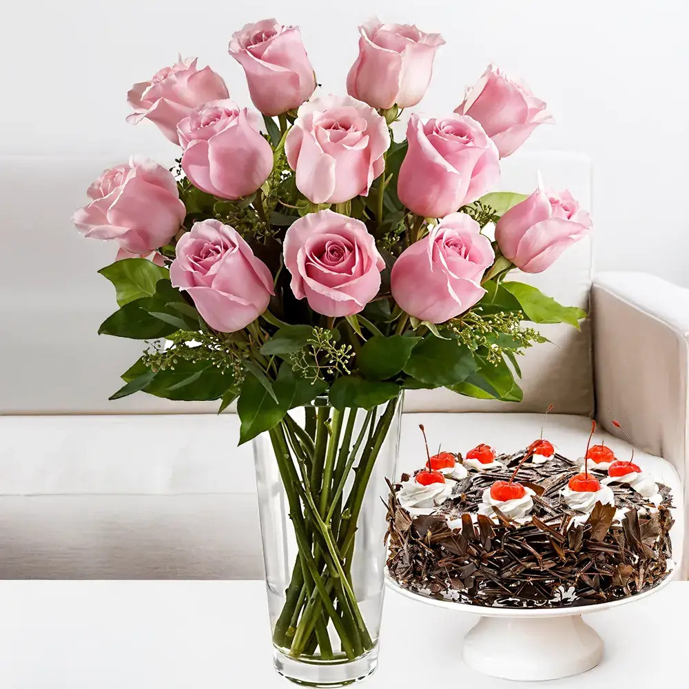 Blush Pink Roses with Black Forest Cake