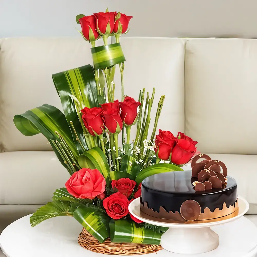 Red Roses in a Basket & Cake