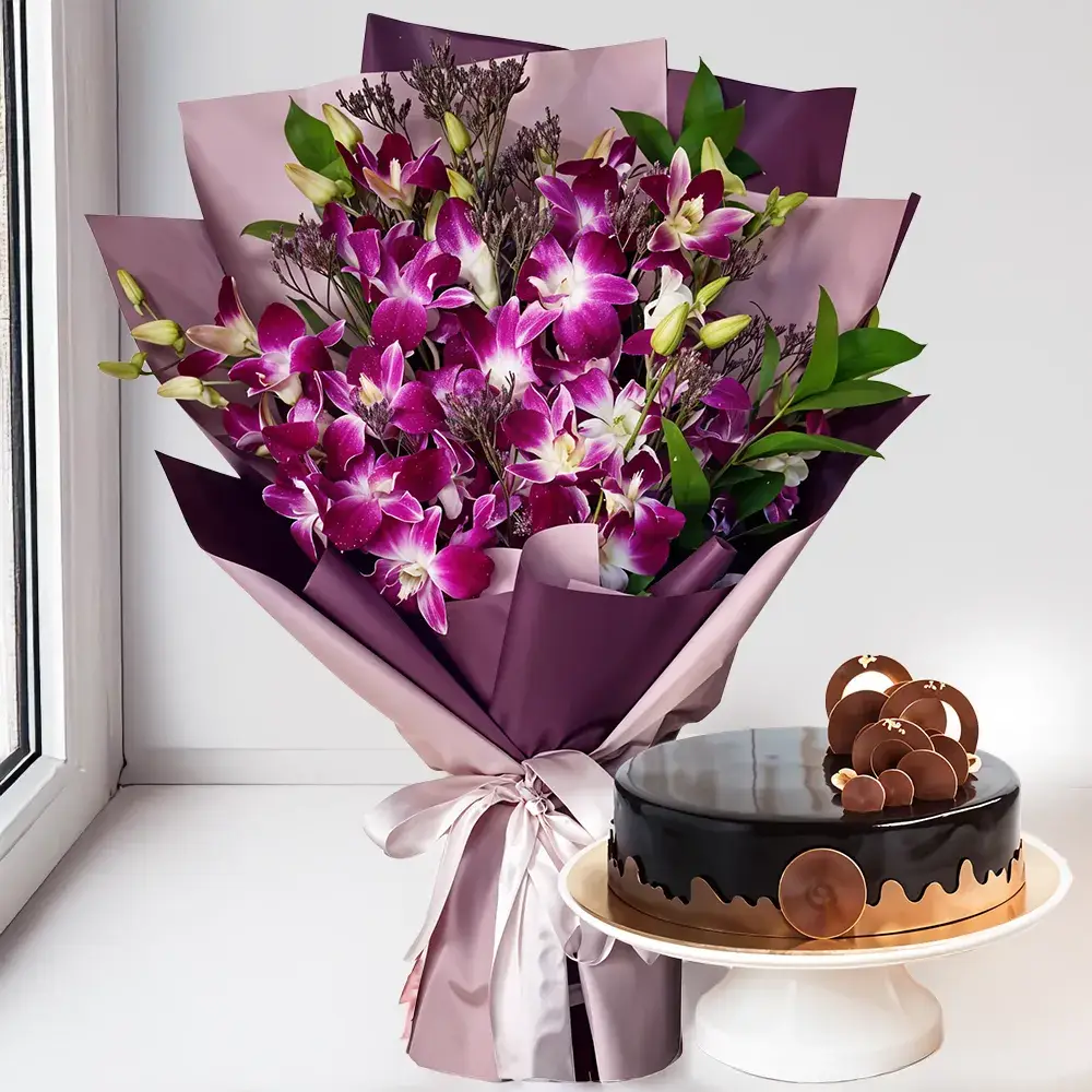 Bouquet of Purple Orchids & Cake