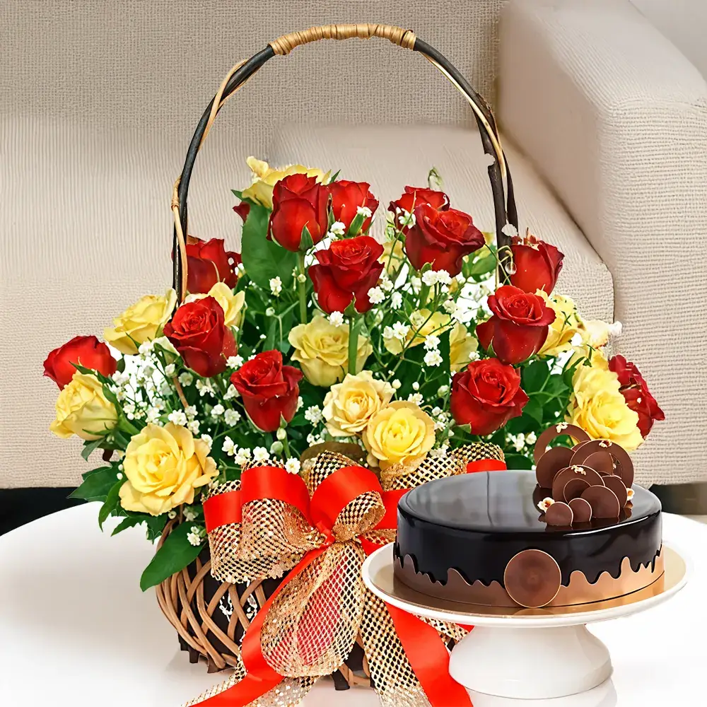Red & Yellow Roses in a Basket & Cake