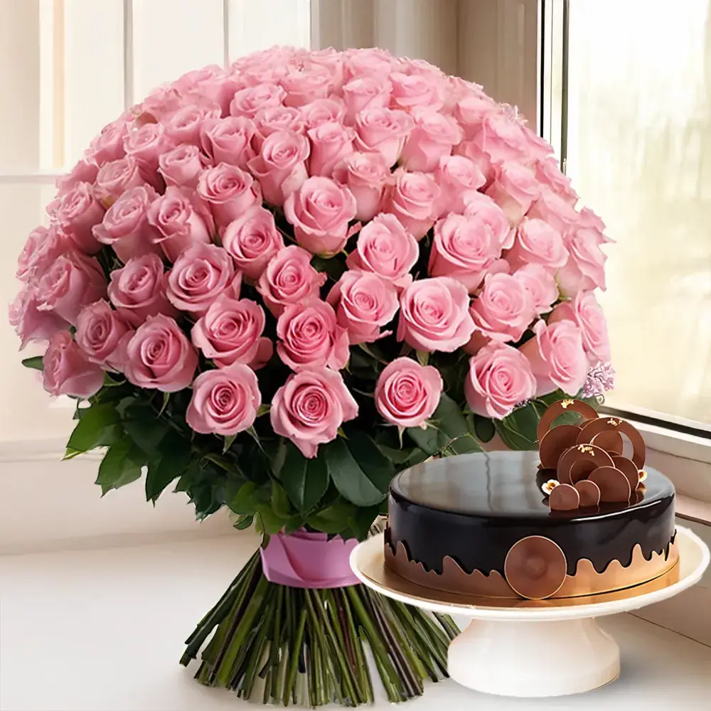 Pink Roses Bouquet & Cake