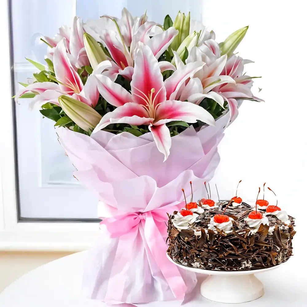 Bouquet of Pink Lilies & Cake
