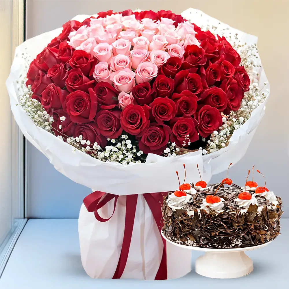 Pink & Red Roses Bouquet & Cake