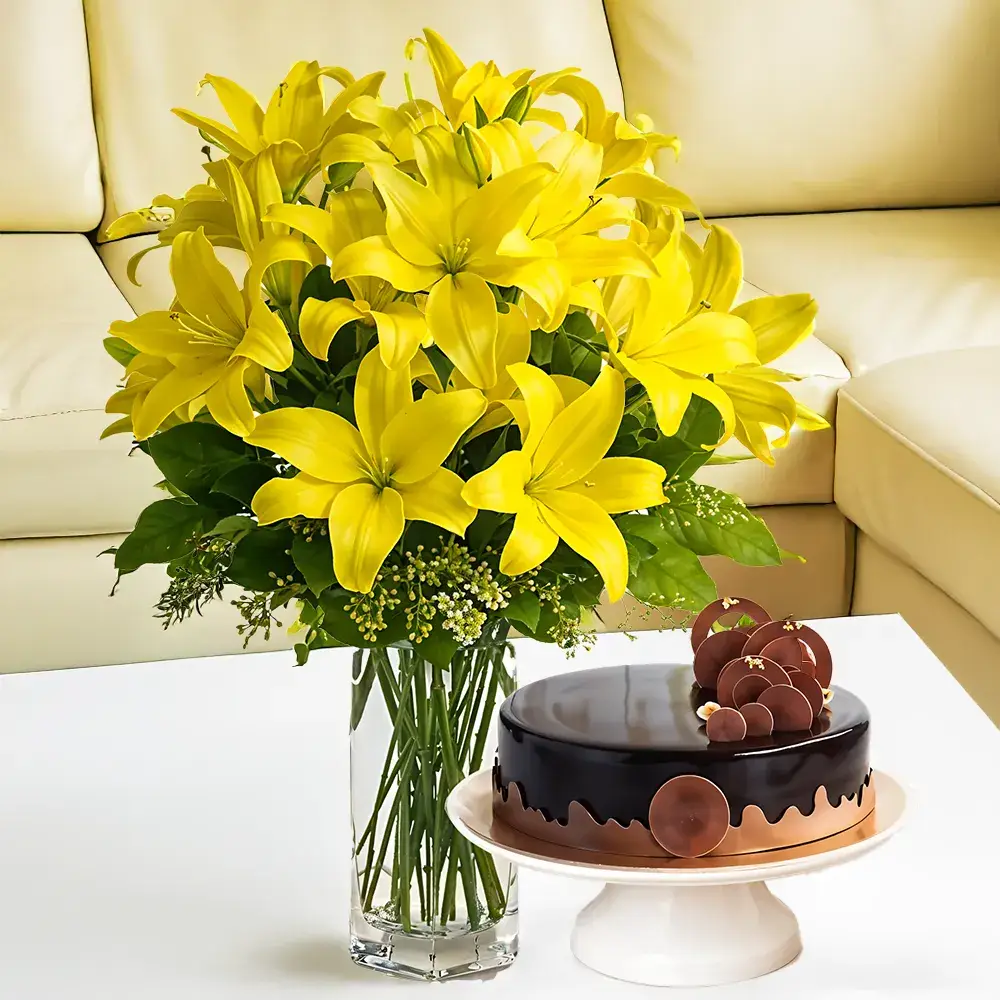 Yellow Lilies in a Vase & Cake
