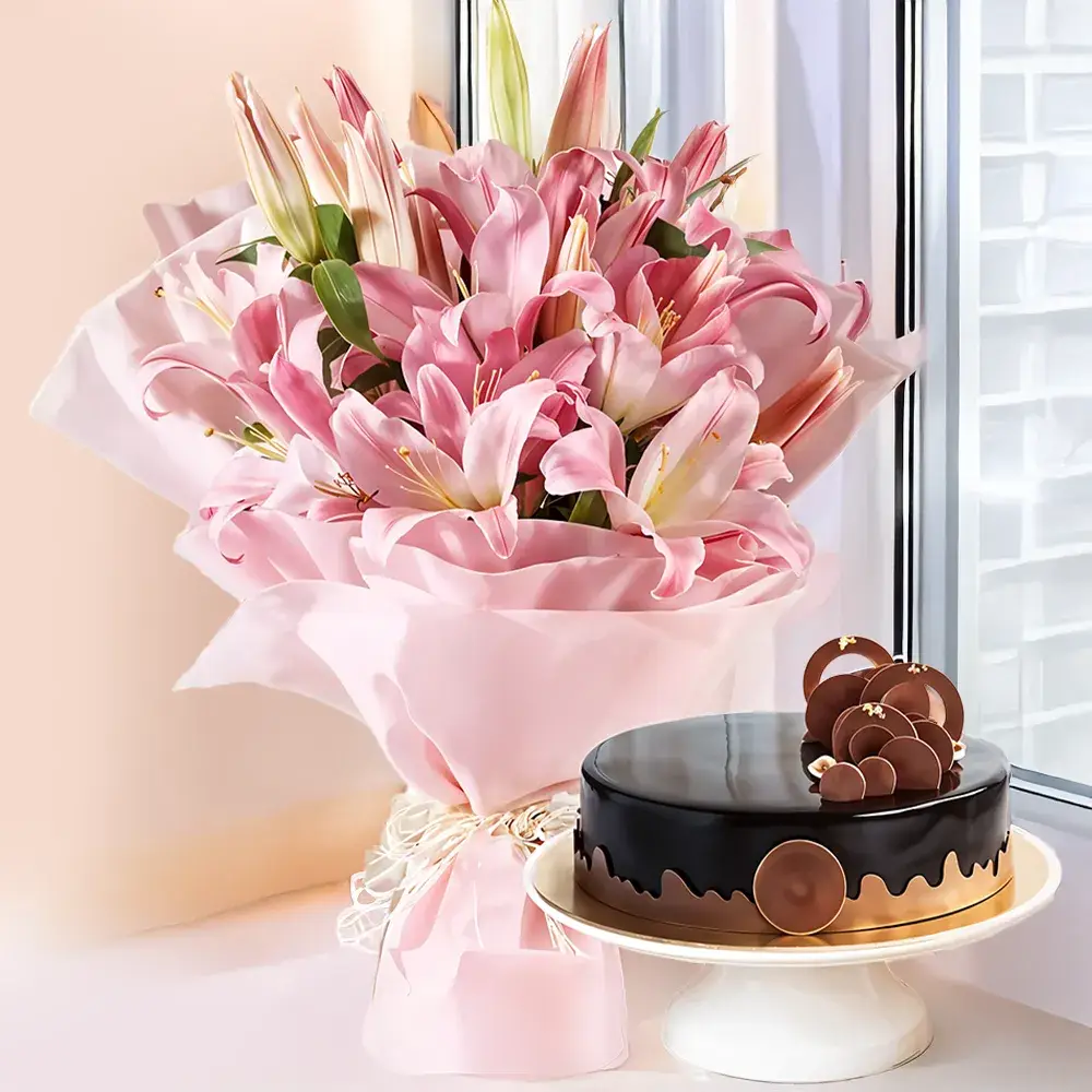 Bouquet of Pink Lilies & Chocolate Cake