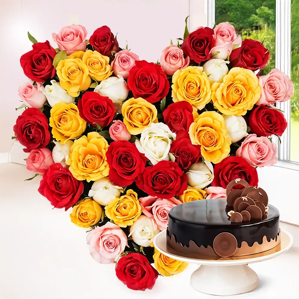 Heart Shaped Arrangement of Mixed Roses & Cake