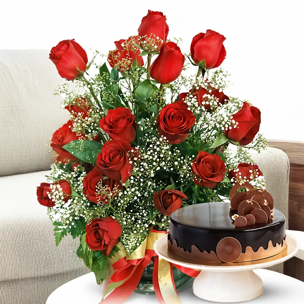 Glass vase of Red Roses with Cake