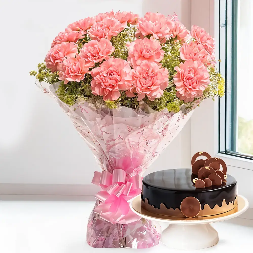 Pink Carnations Bouquet & Cake