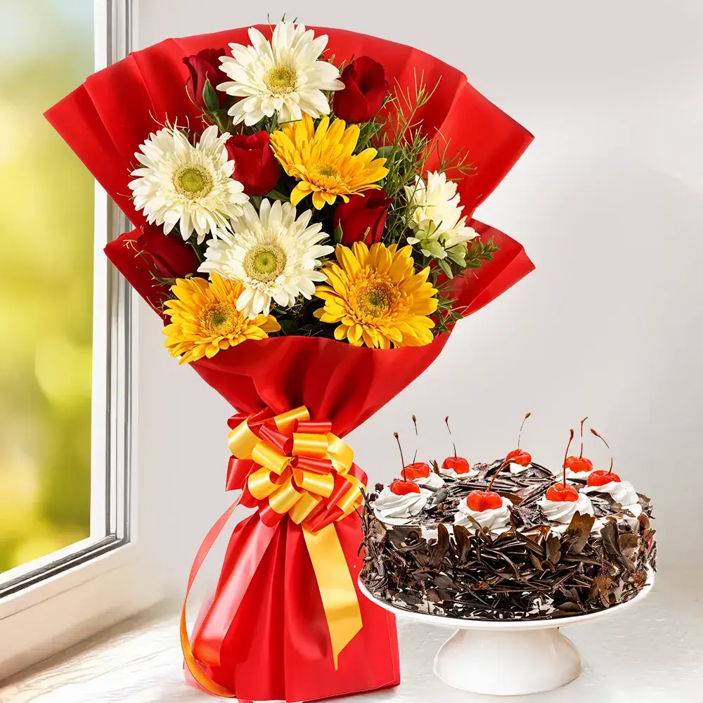 Bouquet of Mix Gerberas and Roses with Cake