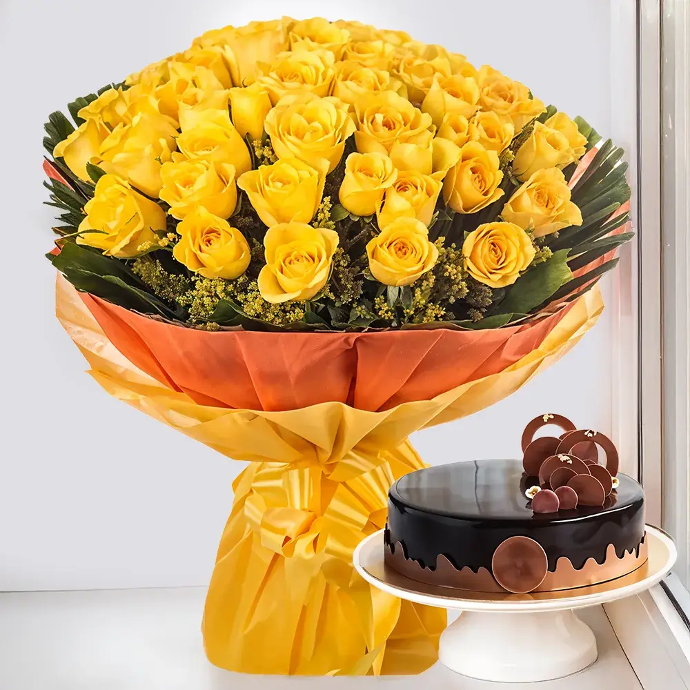 Yellow Roses Bouquet & Cake