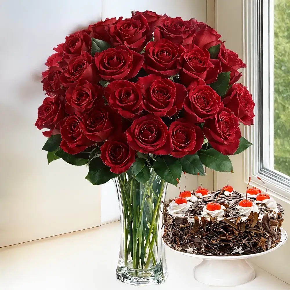 Red Roses in a Vase with Cake