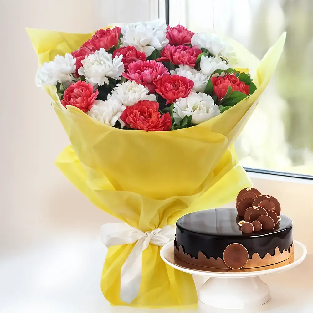 Bouquet of Pink & White Carnations with Cake