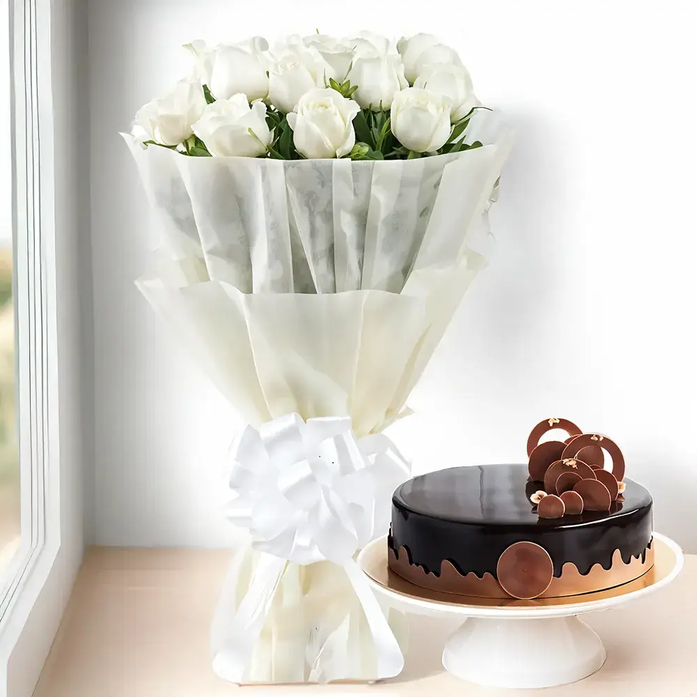 White Roses & Cake Bouquet