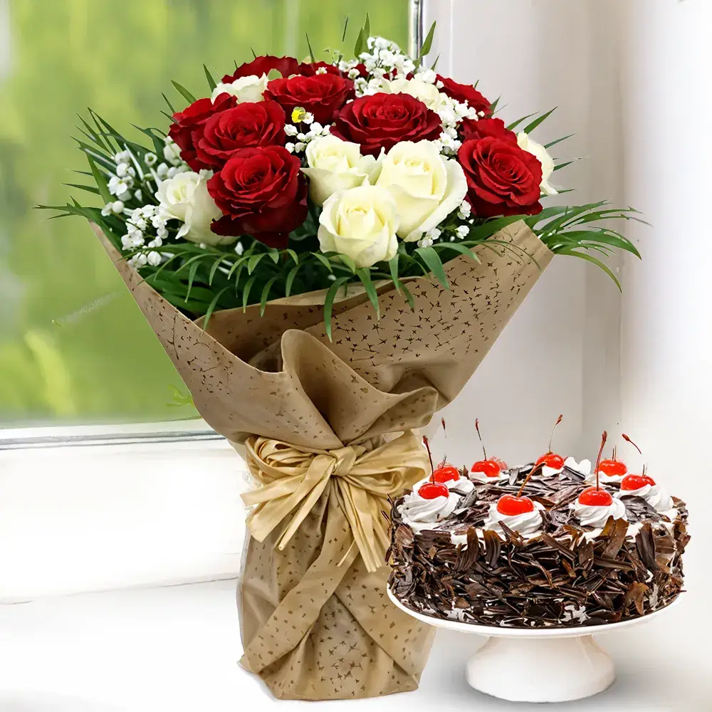 White & Red Roses Bouquet with Cake
