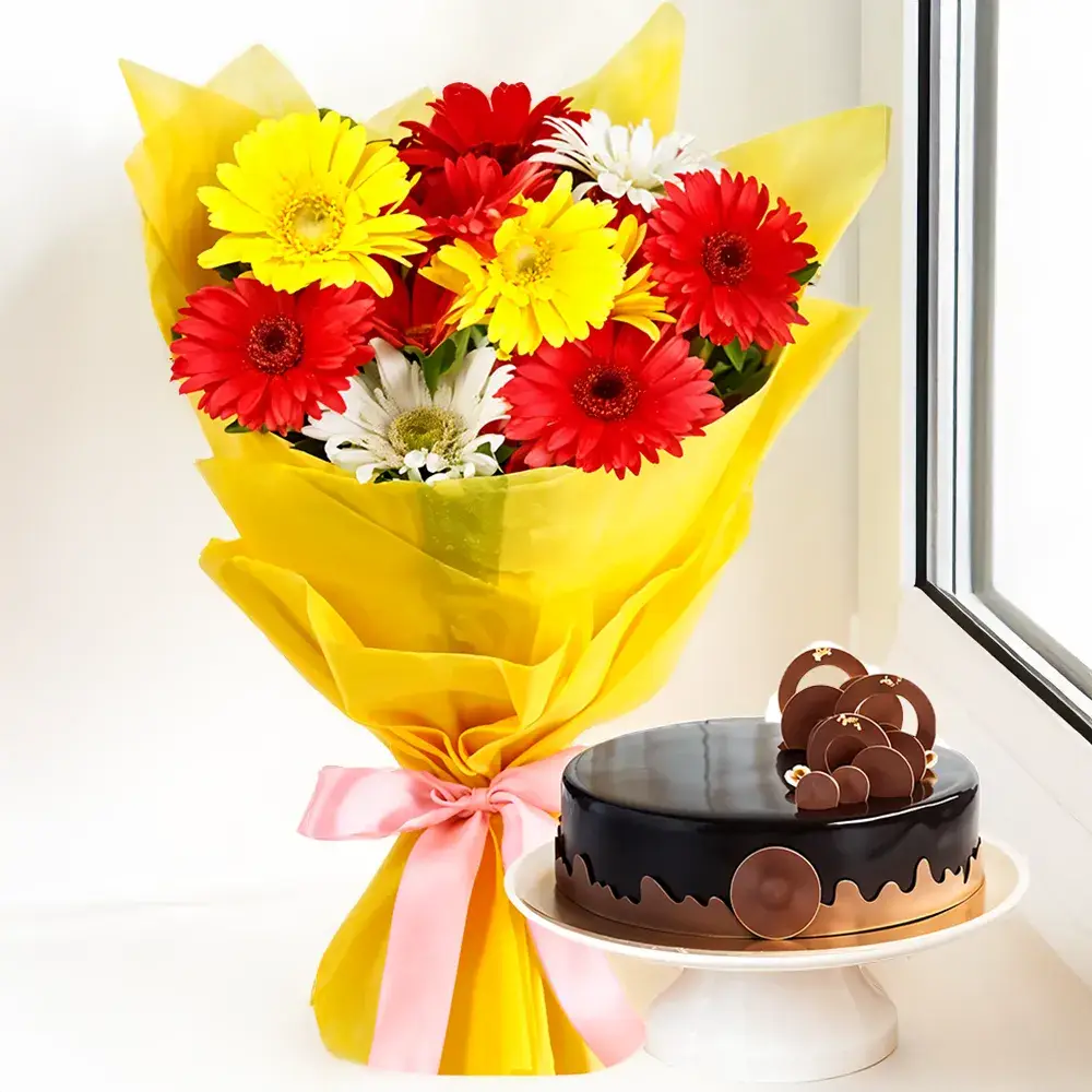 Bouquet of Mixed Gerberas & Cake
