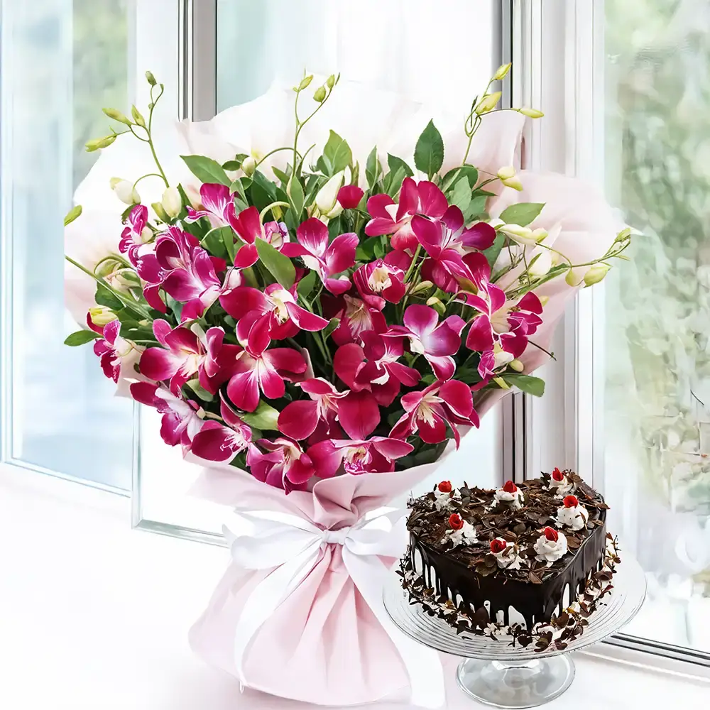 Bouquet of Purple Orchids & Heart-Shape Cake