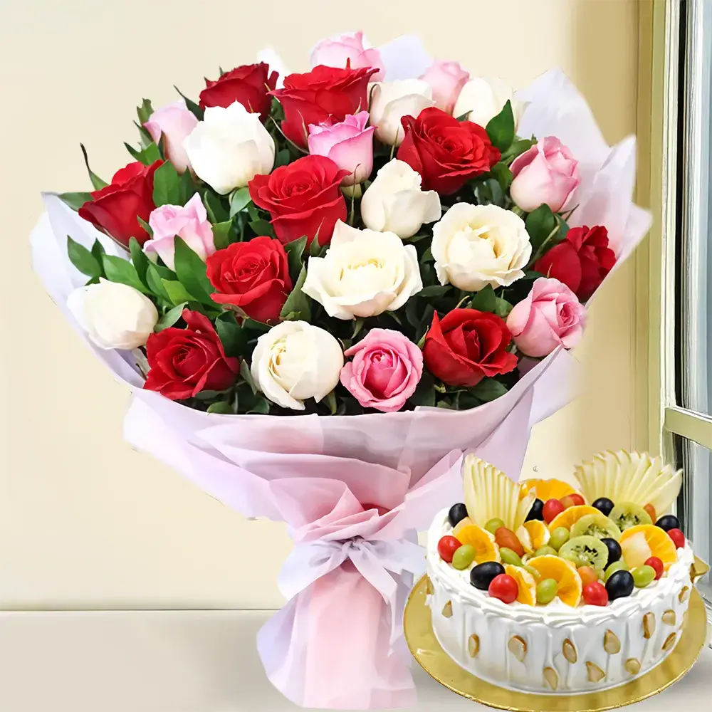 Red, Pink & White Roses Bouquet & Cake