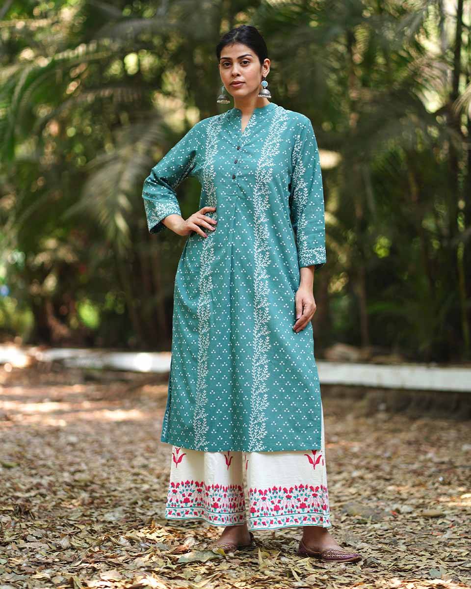 Bliss of Baby’s Breath Teal Green Block Printed Kurti - MMG
