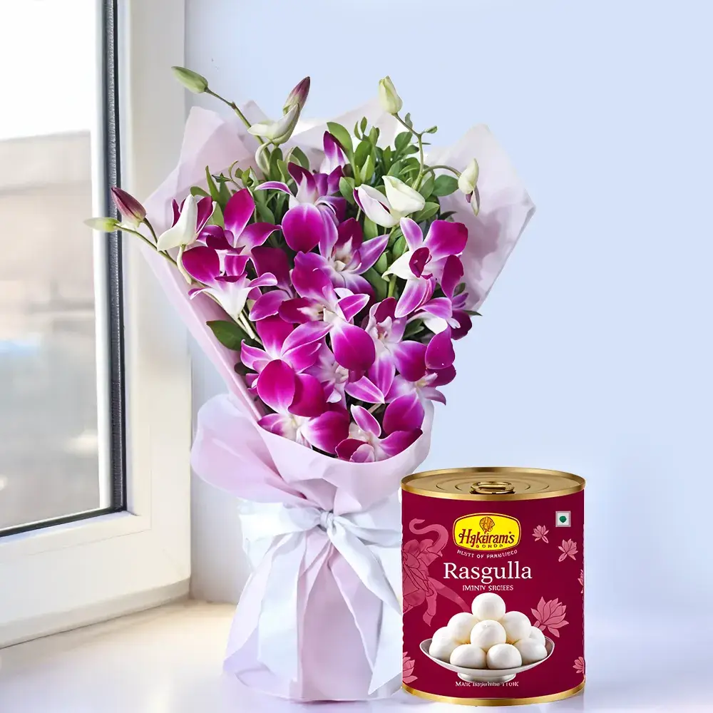 Purple Orchids Bouquet & Rasugulla