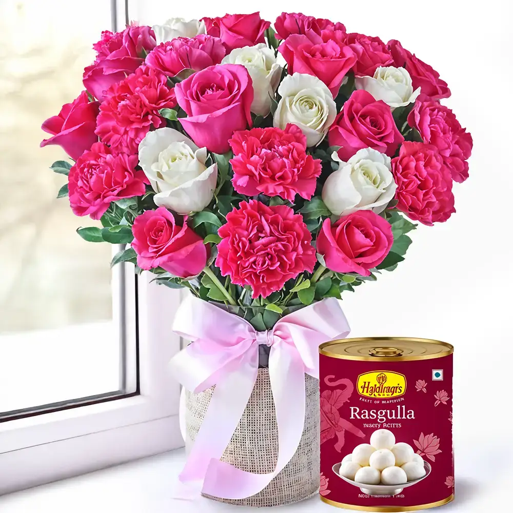 Roses & Carnations in a Vase & Rasgulla