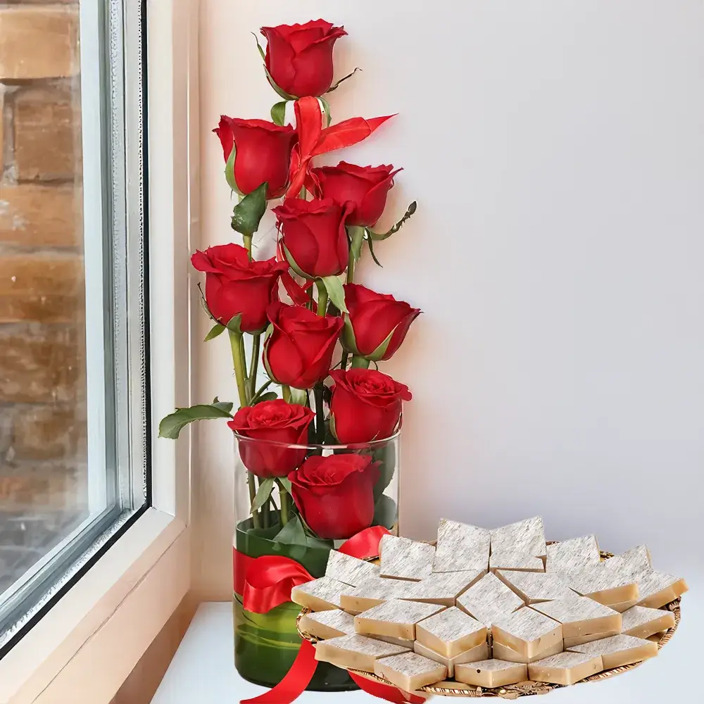 Red Roses in a Vase with Kaju Katli