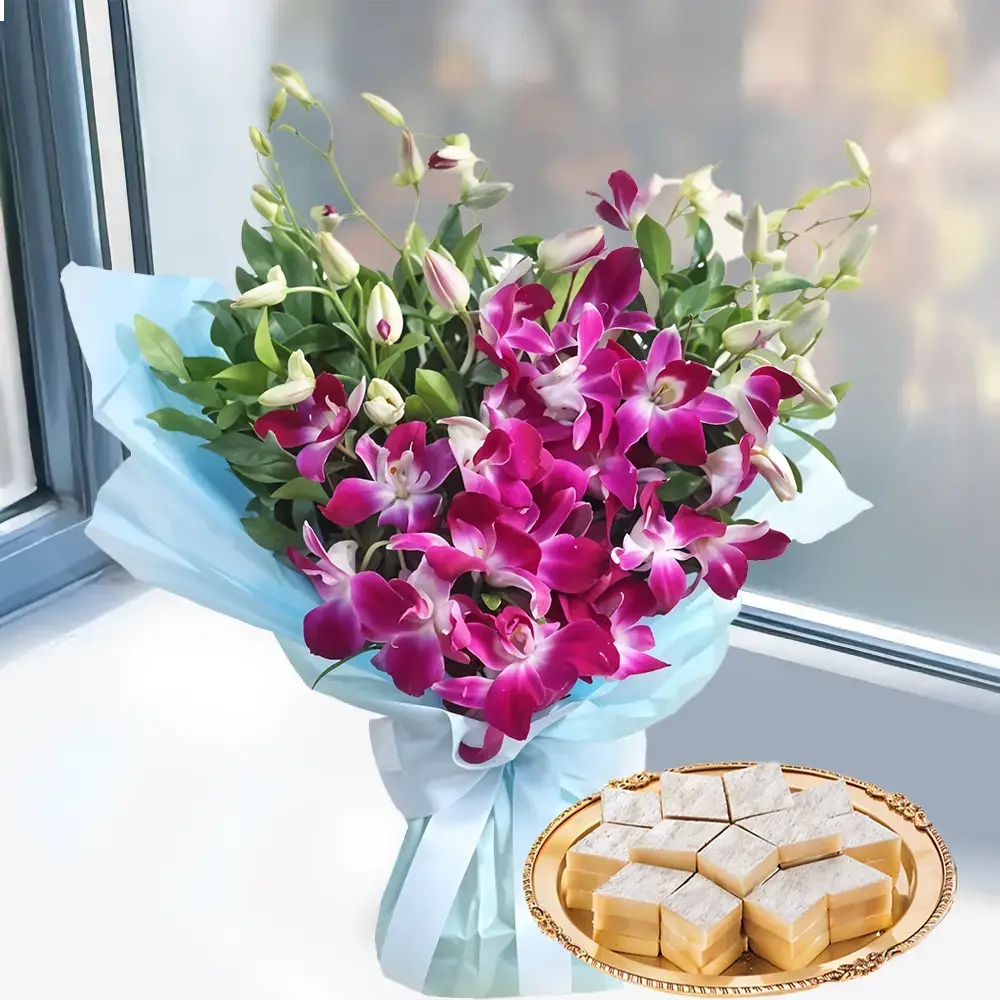 Purple Orchids Bouquet & Kaju Katli
