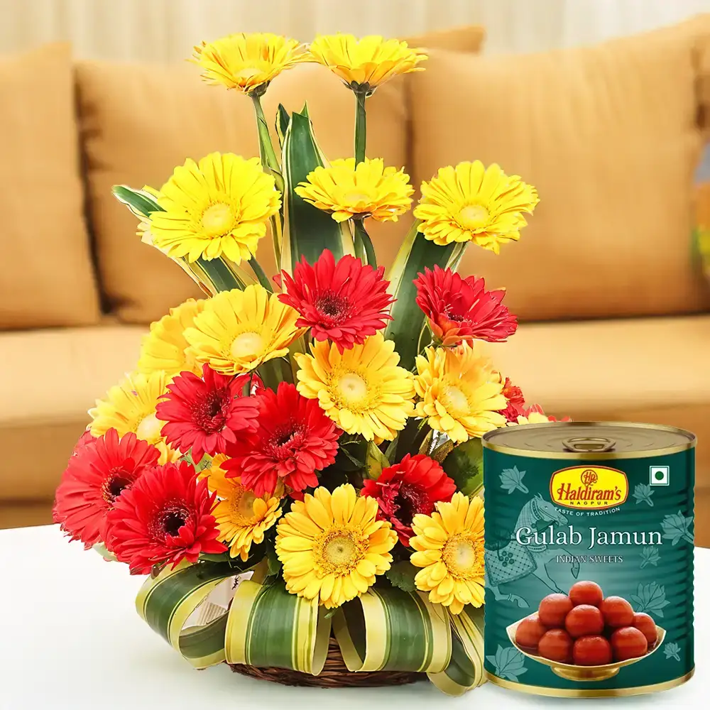Gerberas in a Basket & Gulab Jamun