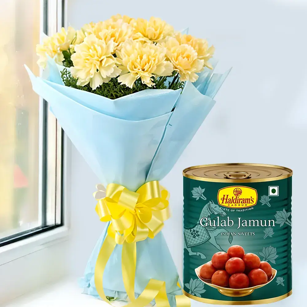 Bouquet of Yellow Carnations & Gulab Jamun