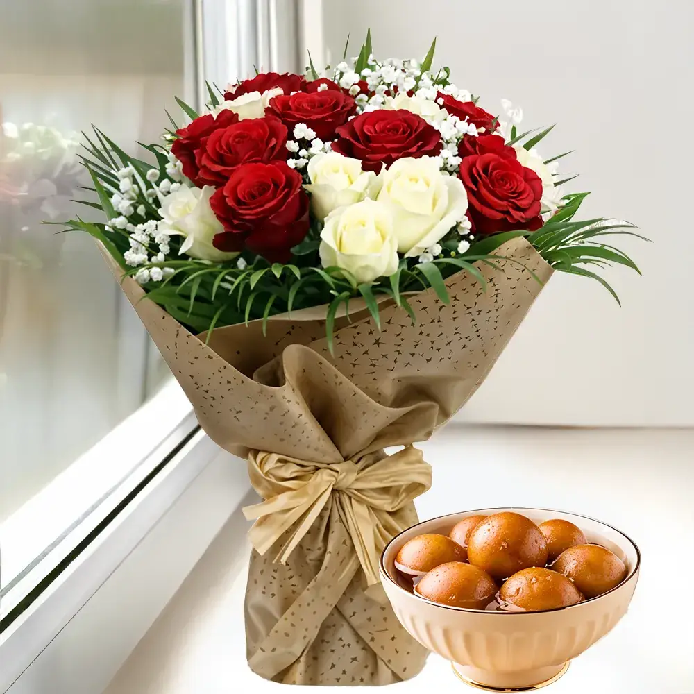 White & Red Roses Bouquet & Gulab Jamun