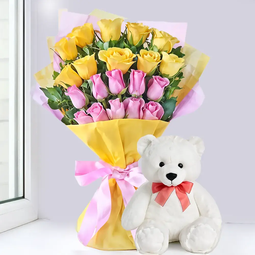 Pink & Yellow Roses Bouquet With Teddy