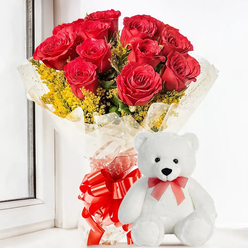 Red Roses Bouquet & Teddy