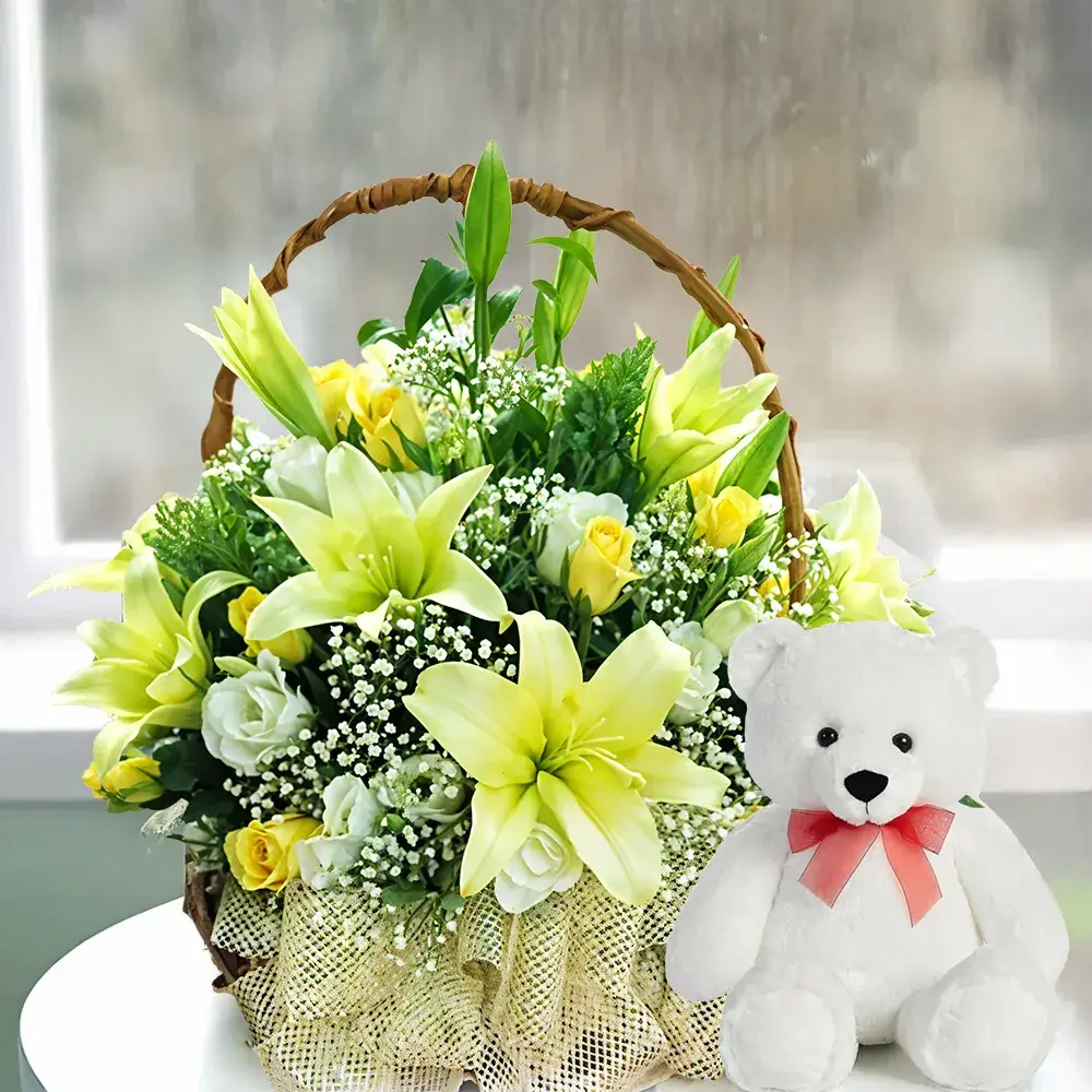 Lilies & Roses in a Basket & Teddy