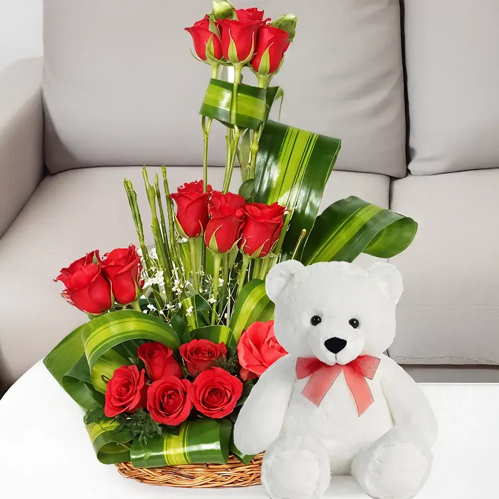 Blissful Roses with Teddy Bear