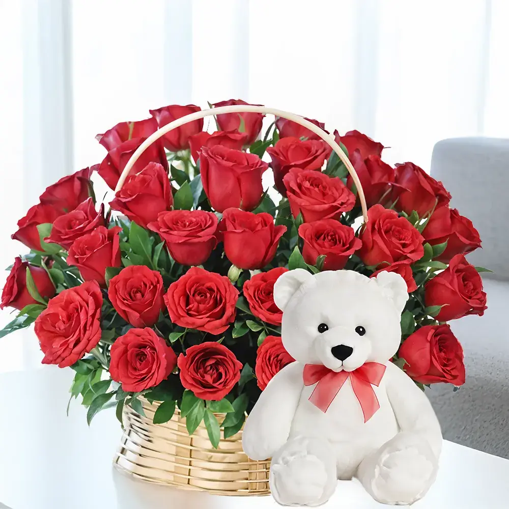 Red Roses in a Basket & Teddy